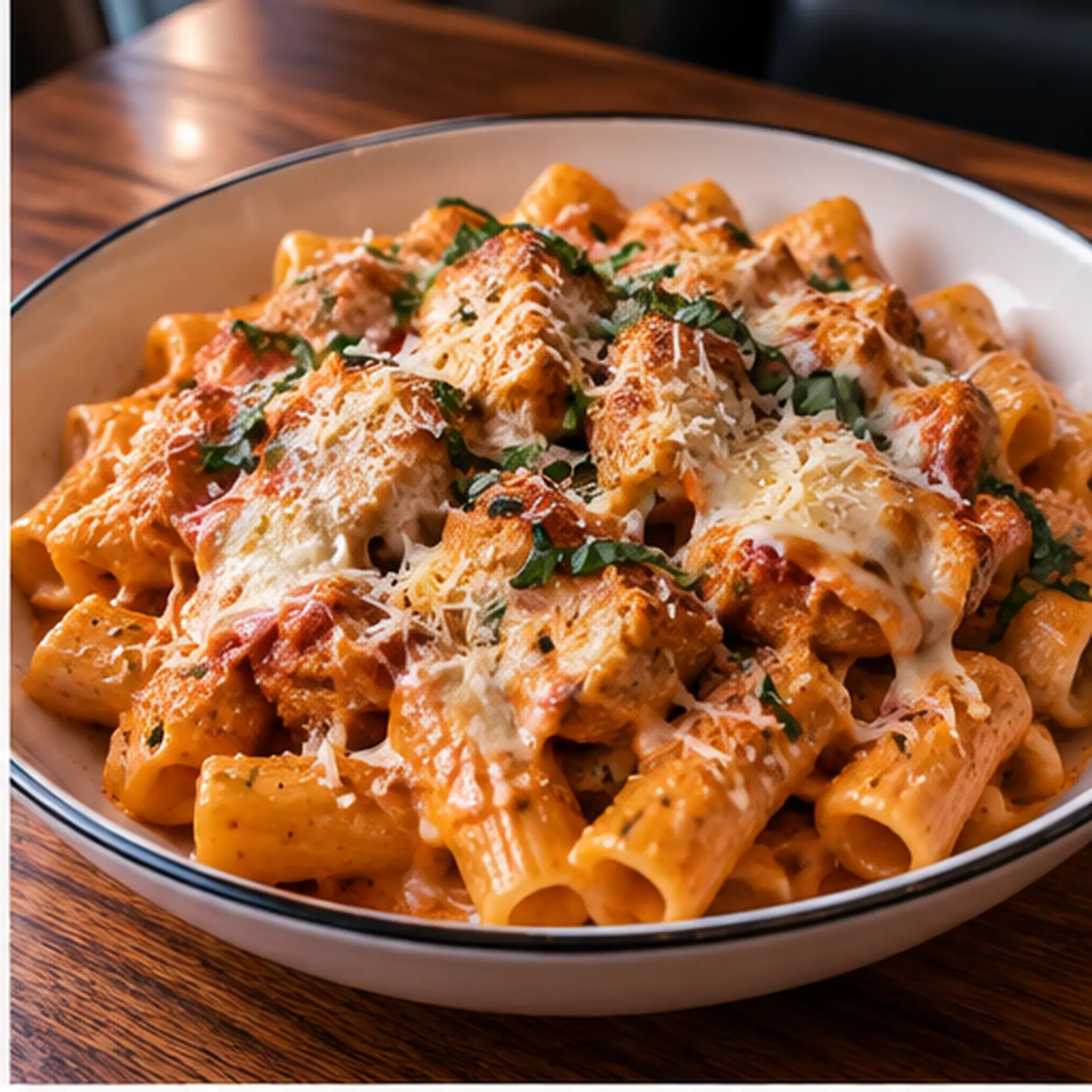 Vodka Chicken Parm Rigatoni with crispy chicken, melted mozzarella, Parmesan and basil in Famous Spicy Vodka Sauce