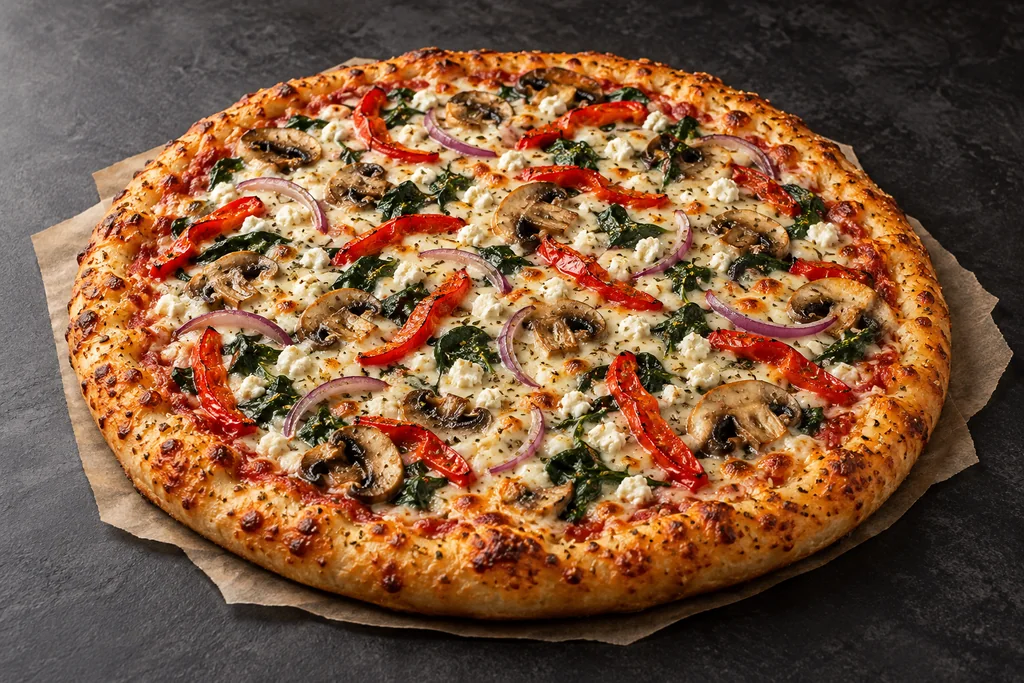The Mediterranean pizza with roasted red peppers, browned mushrooms, spinach, red onion, feta and melted mozzarella and provolone.
