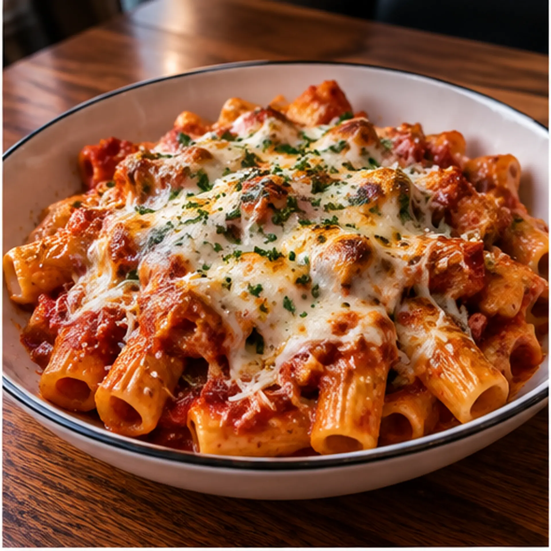 Famous Baked Rigatoni with melted mozzarella, herbs and Famous red sauce in a white bowl