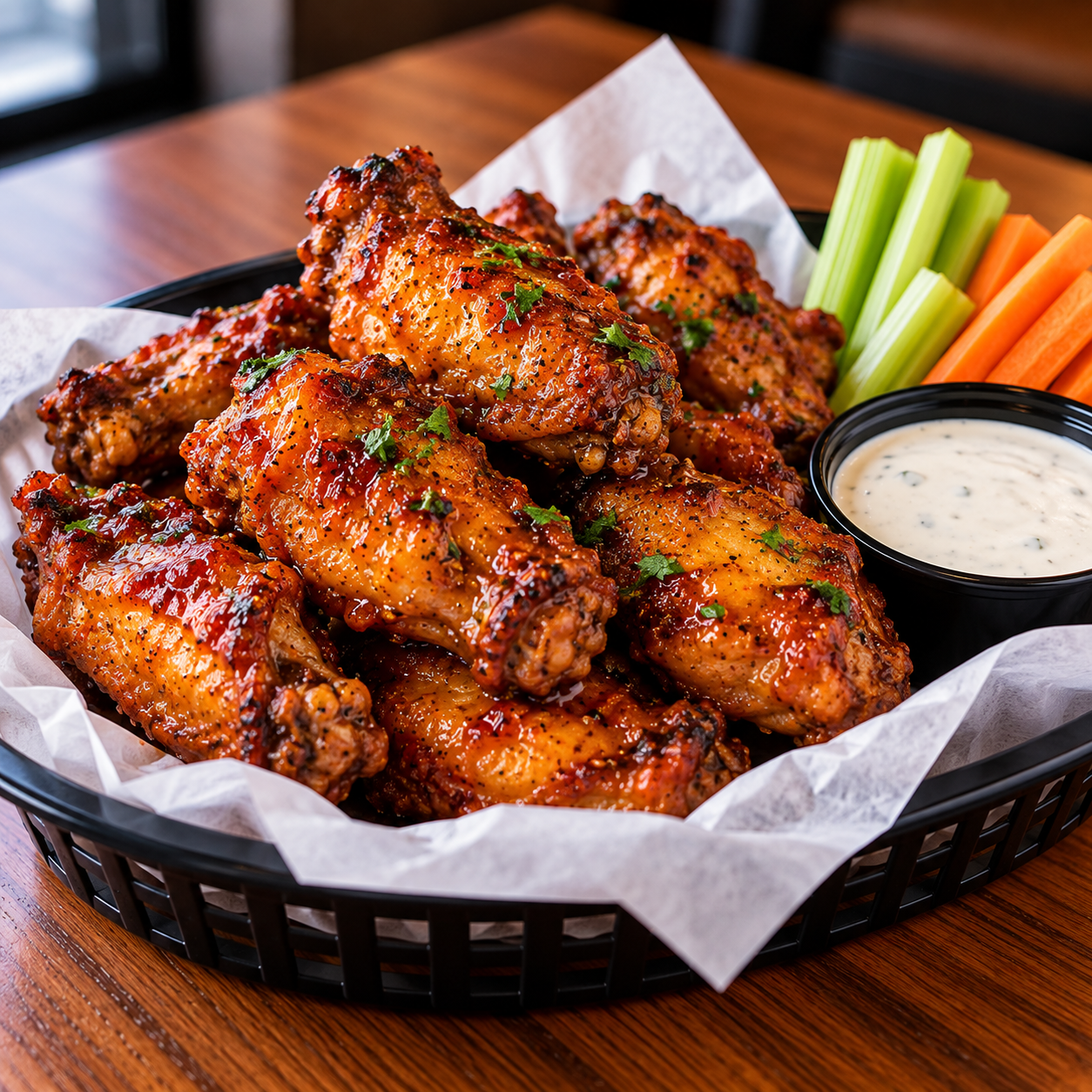 Buffalo wings served with celery, carrots and ranch