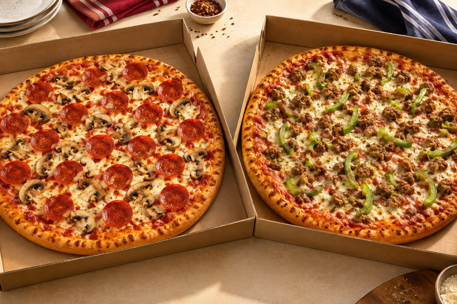 Concept image of two pizzas in open boxes representing the Large Double Deal