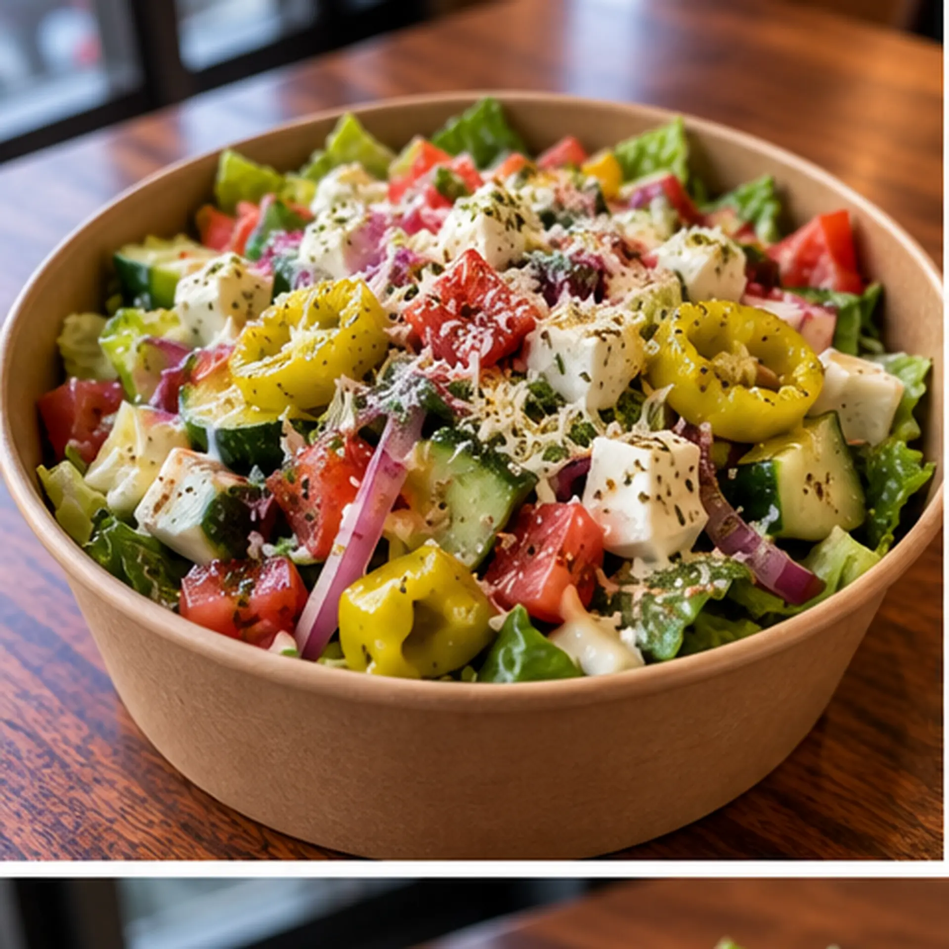 Famous Chopped salad with romaine with romaine, tomato, cucumber, red onion, mozzarella and provolone, pepperoncini and Parmesan