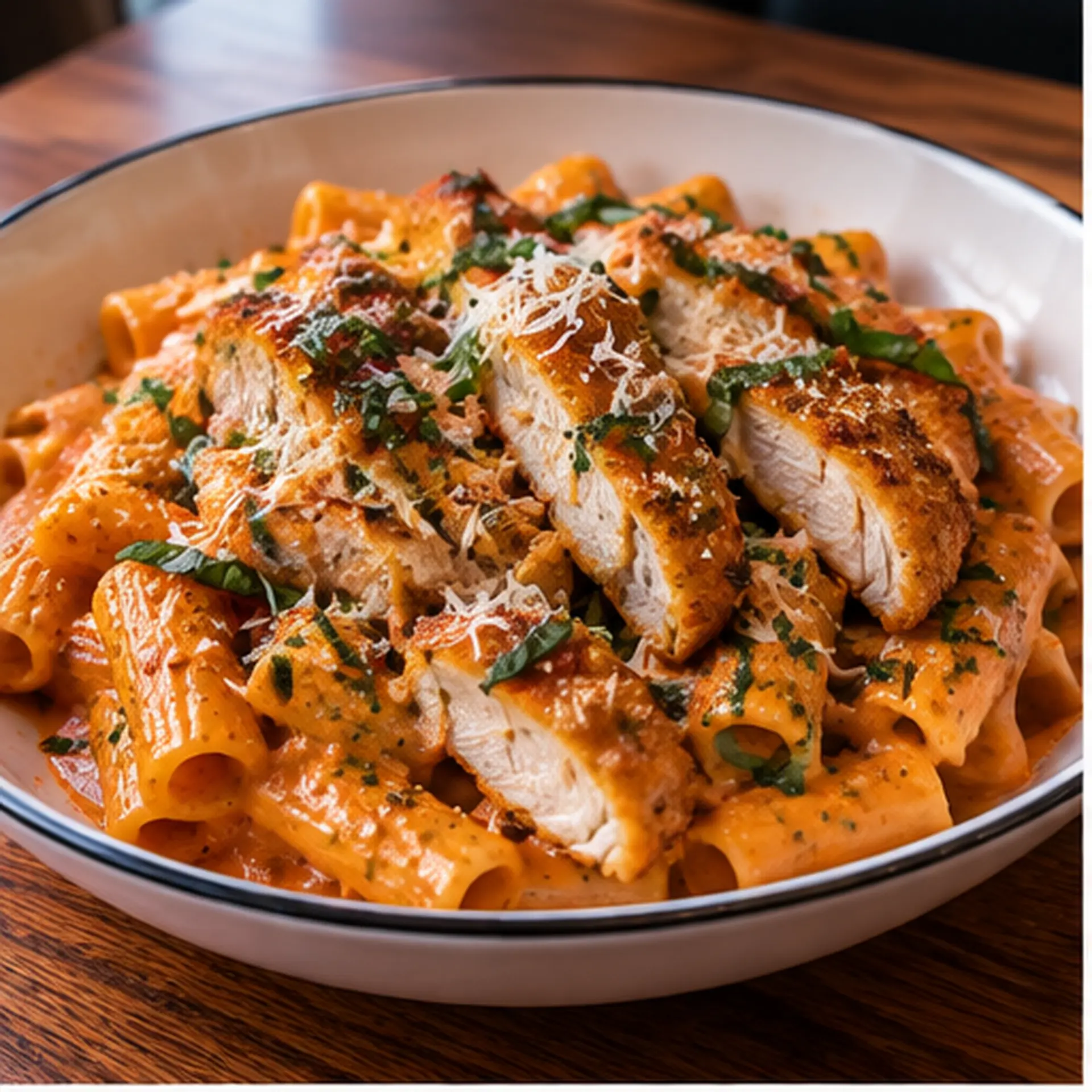Famous Spicy Vodka Rigatoni with grilled chicken strips, fresh basil, cracked pepper and shredded Parmesan in a white bowl