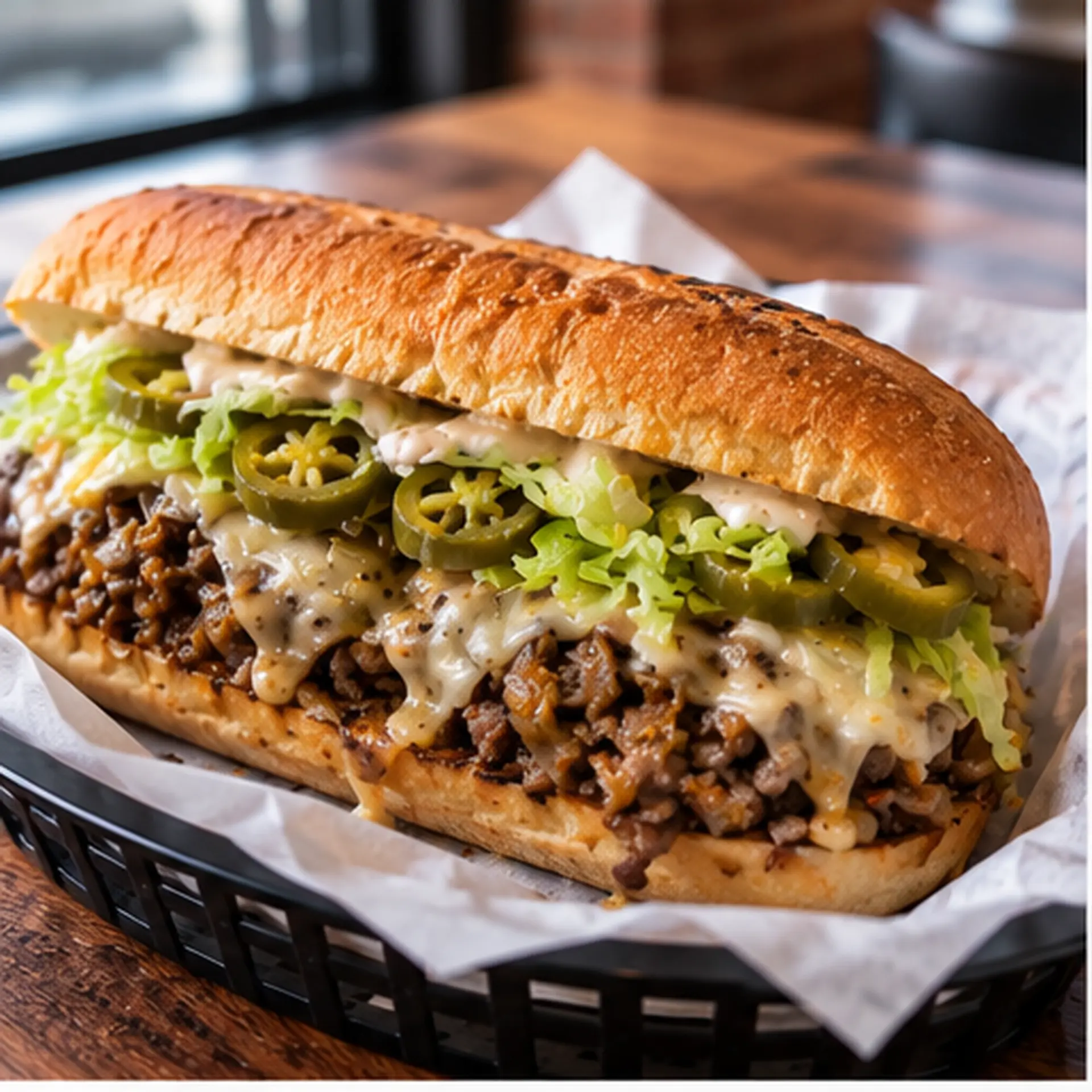 The Famous Chop sandwich on a toasted roll with griddled chopped beef, caramelized onions, melted cheese, shredded lettuce and pickles in a deli-lined basket