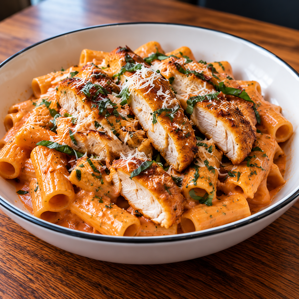 Famous Pink Sauce Rigatoni with grilled chicken strips, fresh basil and Parmesan