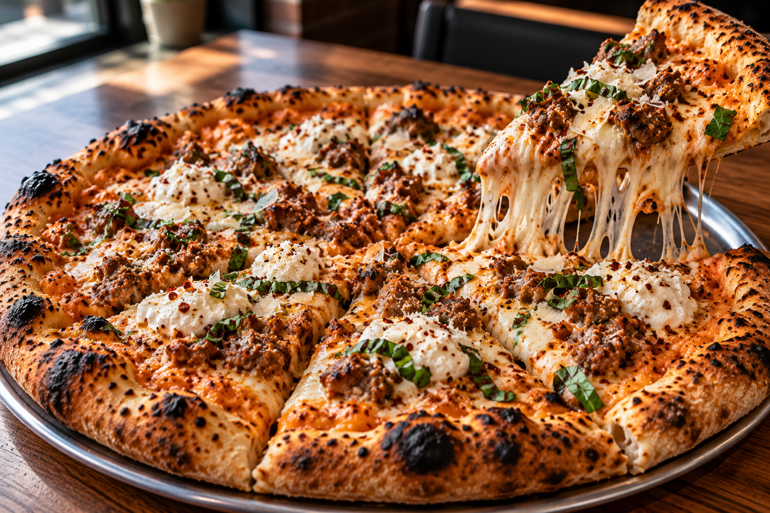 Famous Pink Sauce & Sausage pizza with crispy sausage, ricotta dollops, fresh basil and a slice lifting with a long cheese pull