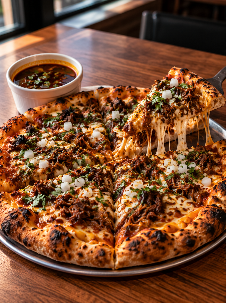 12-Hour Birria pizza with shredded beef, cilantro and onion, a slice lifting with melted cheese and a cup of birria consommé for dipping