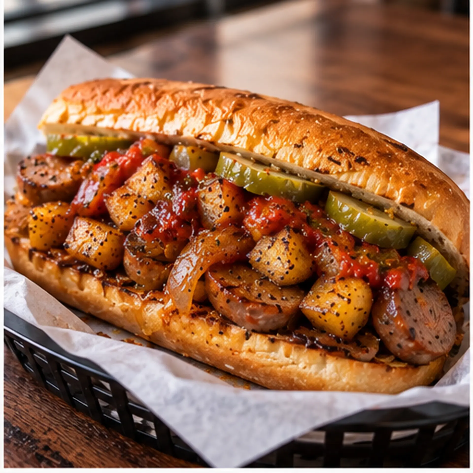 Famous Spicy Sausage sandwich on a toasted roll with sliced beef sausage, crispy potatoes, onions, pickles and Famous Fire Sauce in a deli-lined basket