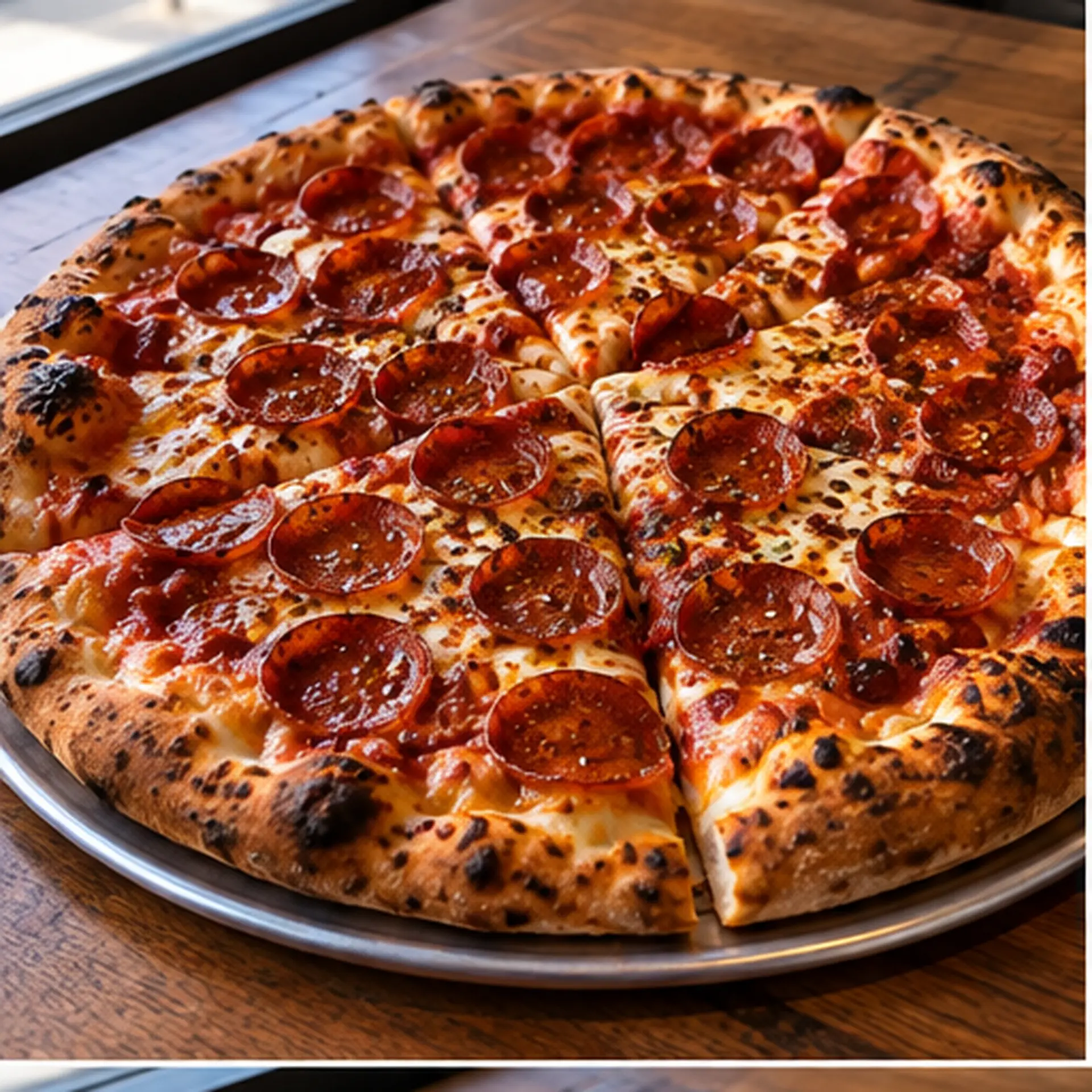 Famous Hot Honey Pepperoni pizza with cup-and-char pepperoni and melted mozzarella on a blistered crust