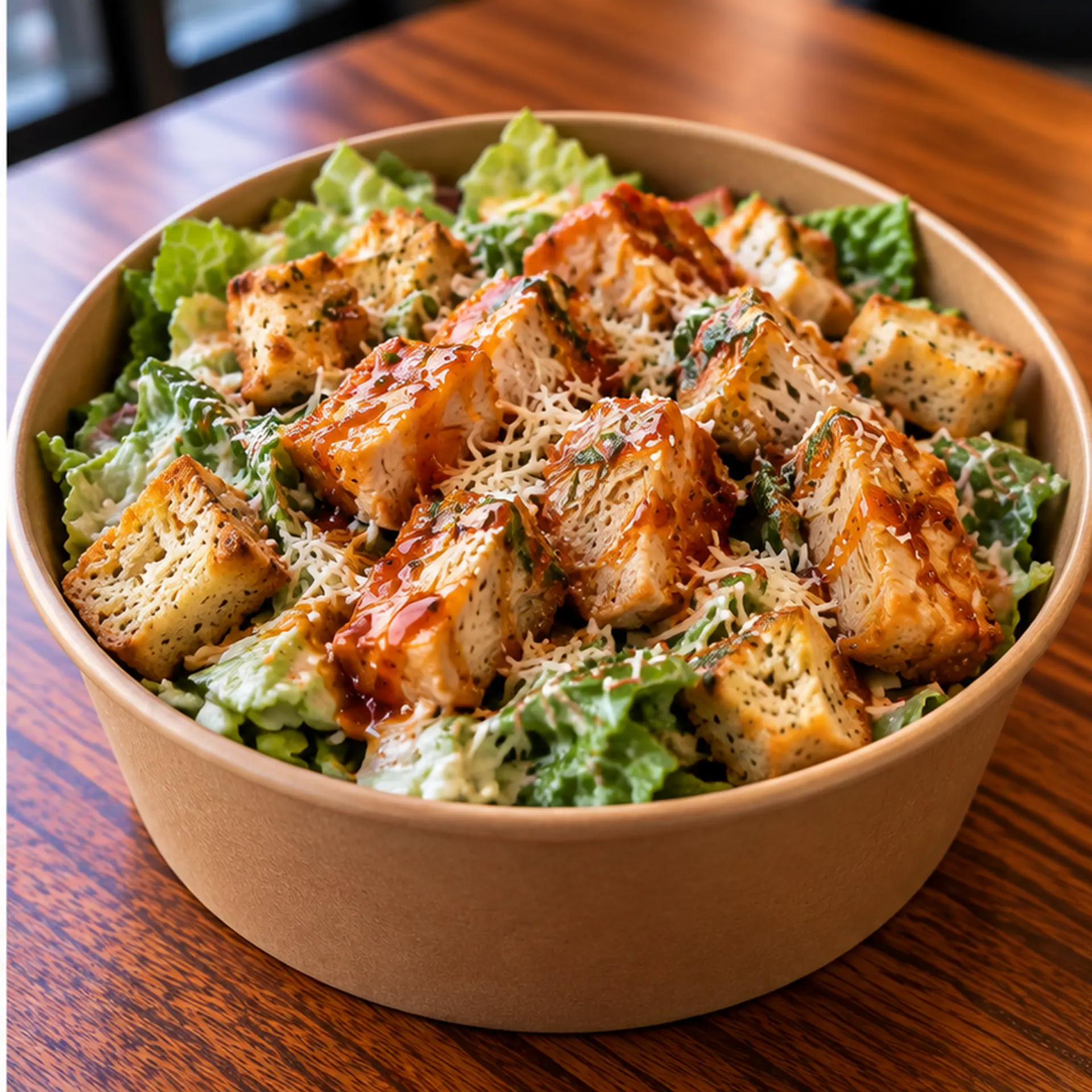 Hot Honey Chicken Caesar salad with Parmesan, croutons, creamy Caesar and a hot honey drizzle