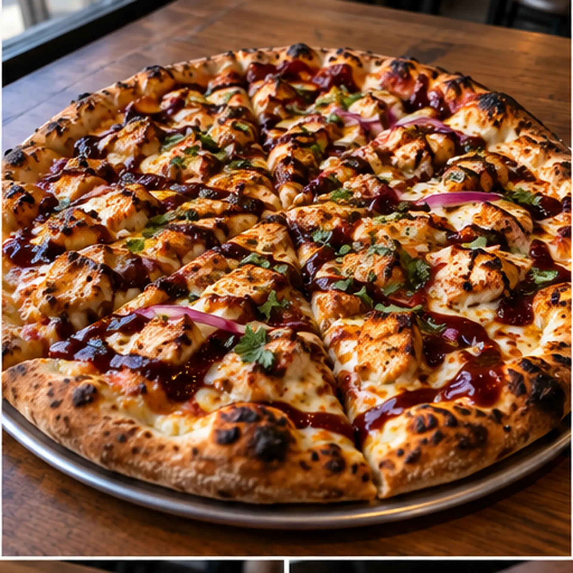 Famous BBQ Chicken pizza with roasted chicken, red onion, cilantro and a BBQ drizzle