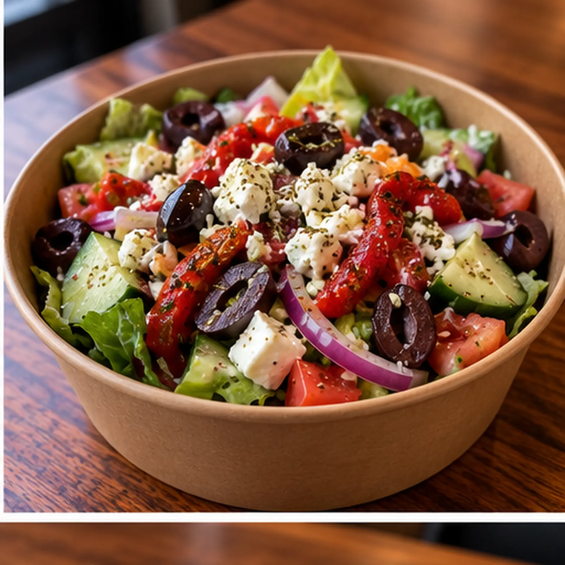 Mediterranean salad with romaine, cucumber, tomato, Kalamata olives, roasted red peppers and feta