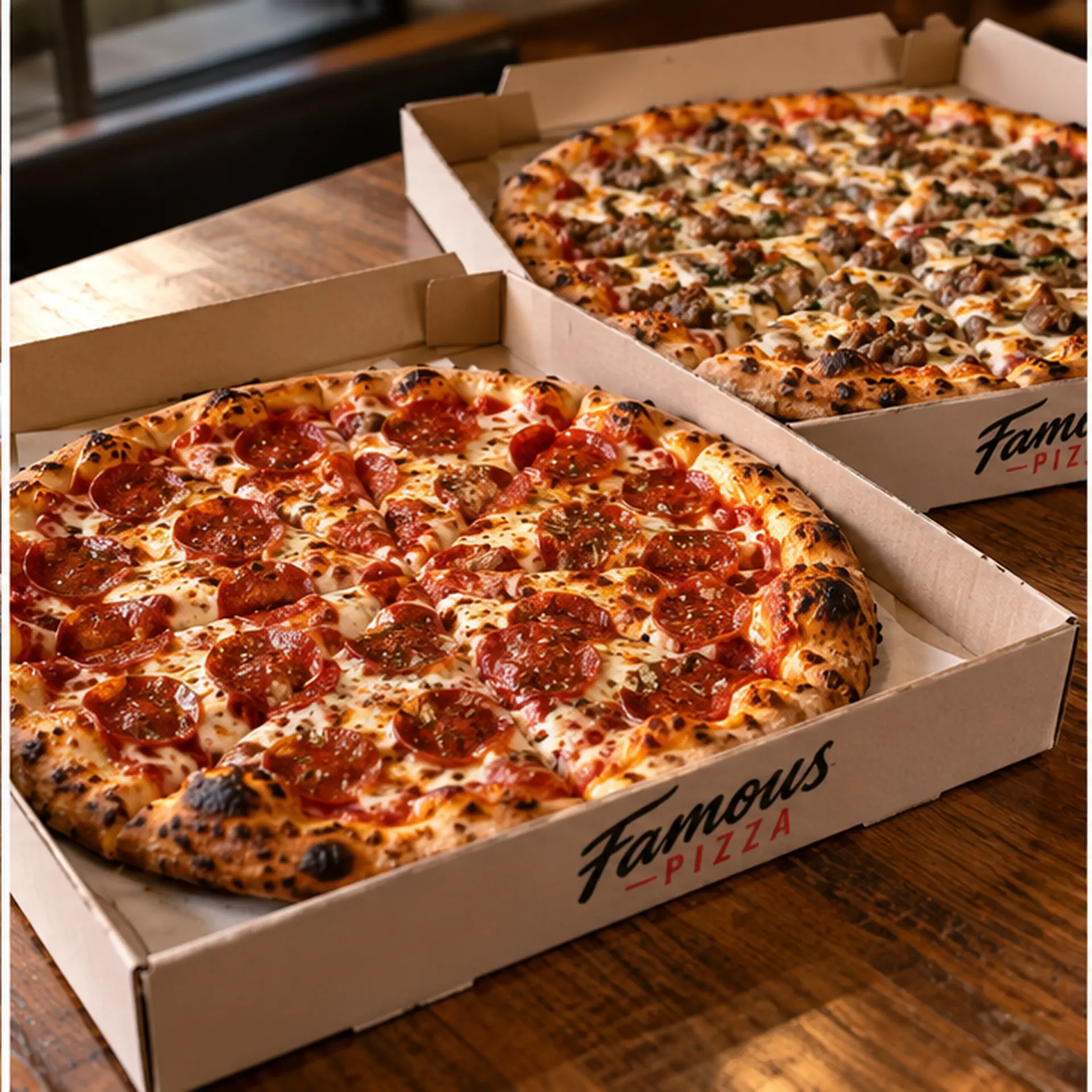 Famous Pizza Large Double Deal: a large pepperoni pizza in an open Famous Pizza box with a second pizza behind it