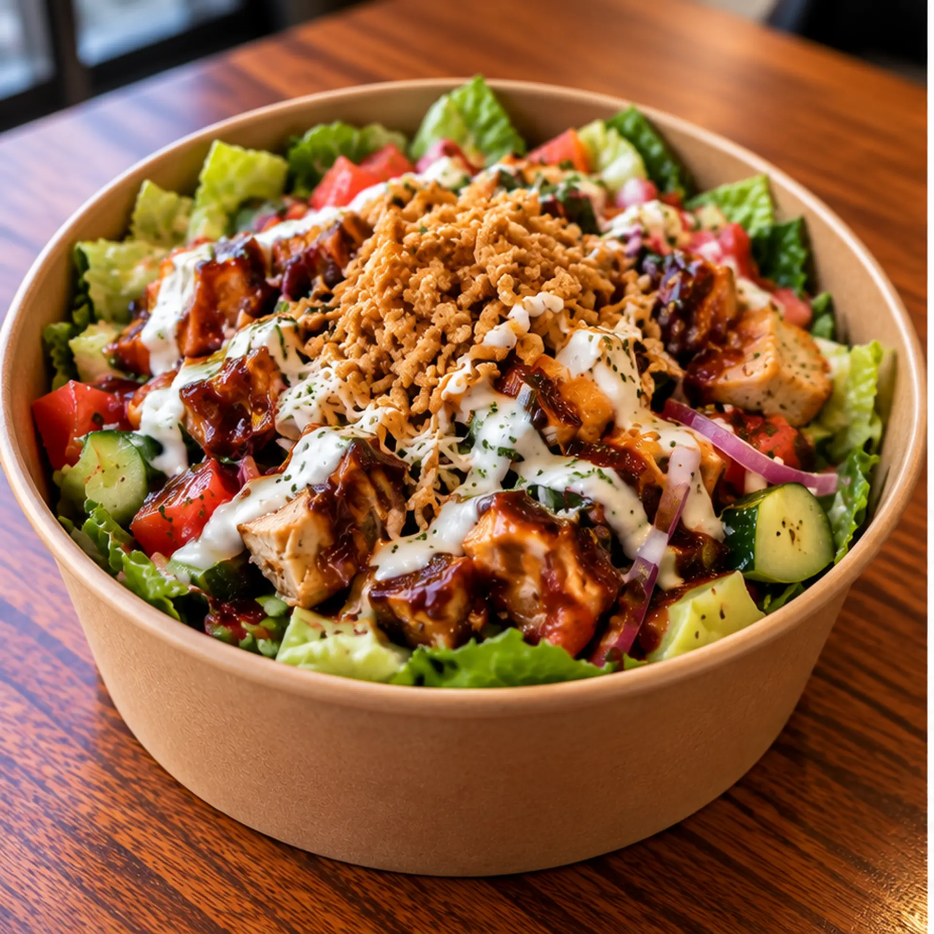 BBQ Chicken Crunch salad with roasted BBQ chicken, red onion, tomato, mozzarella and crispy onions