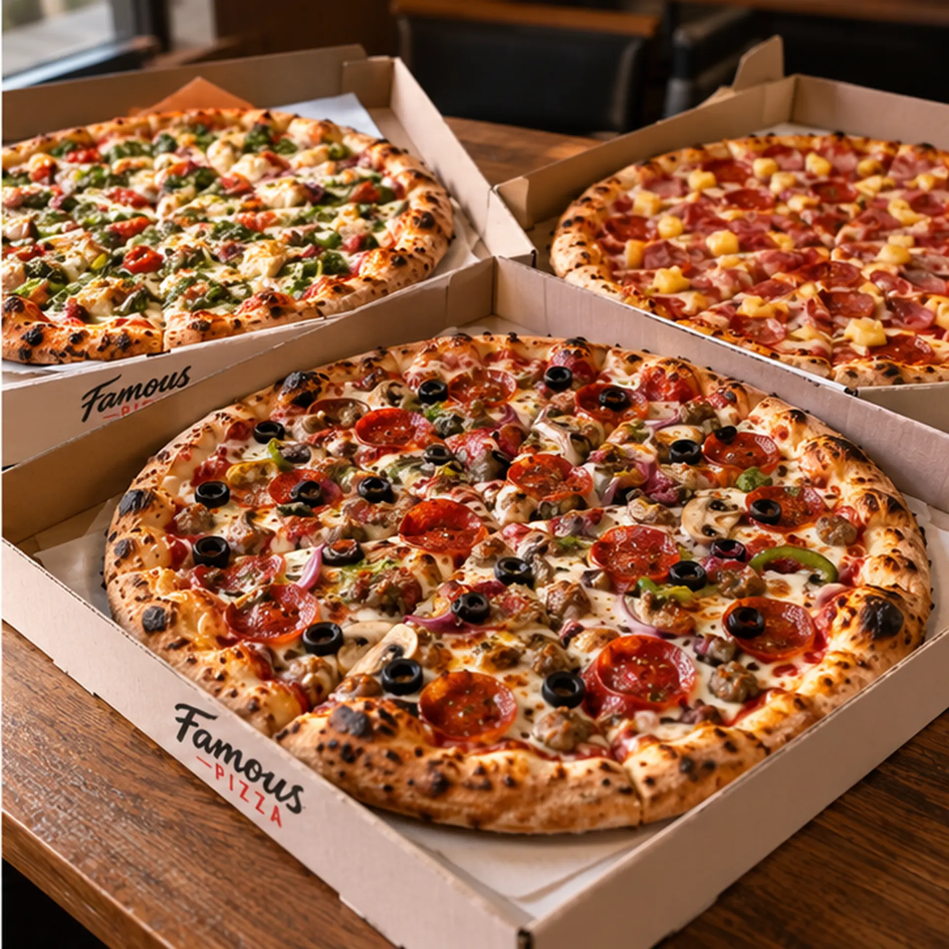 Famous Pizza Triple Deal: three large pizzas — pepperoni with olives and sausage, a veggie pizza, and a Hawaiian pizza — in open Famous Pizza boxes