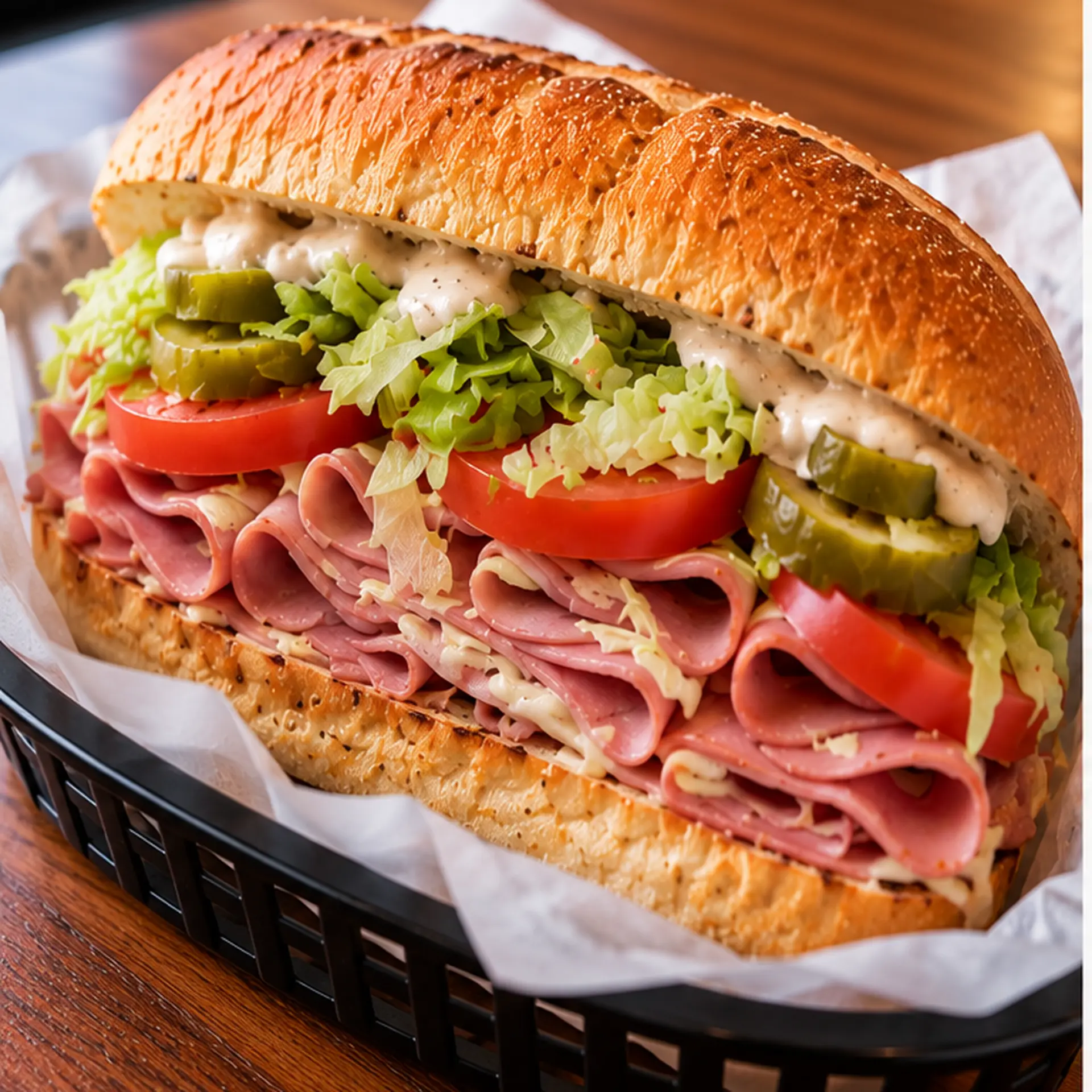 Famous Mortadella sandwich on a toasted roll with folded mortadella, crisp lettuce, sliced tomato and pickles in a deli-lined basket