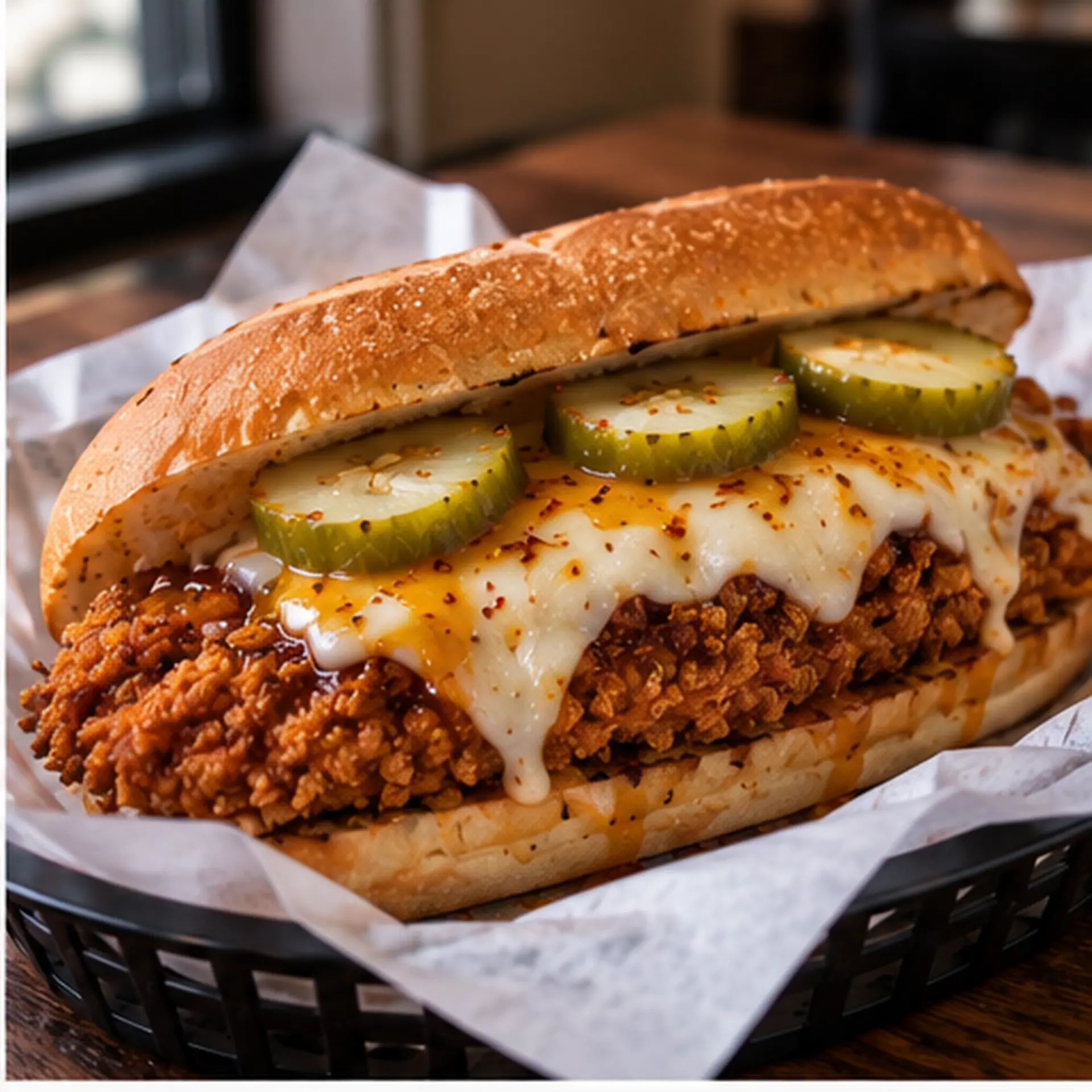Hot Honey Chicken sandwich on a toasted roll with crispy chicken, melted provolone, pickles and a hot honey drizzle in a deli-lined basket