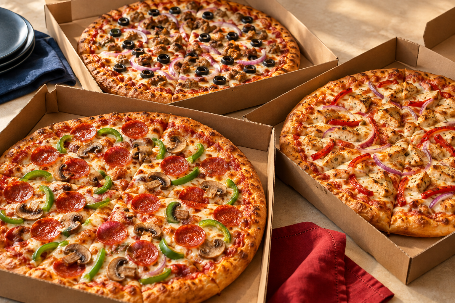 Concept image of three pizzas in open boxes representing the Triple Deal