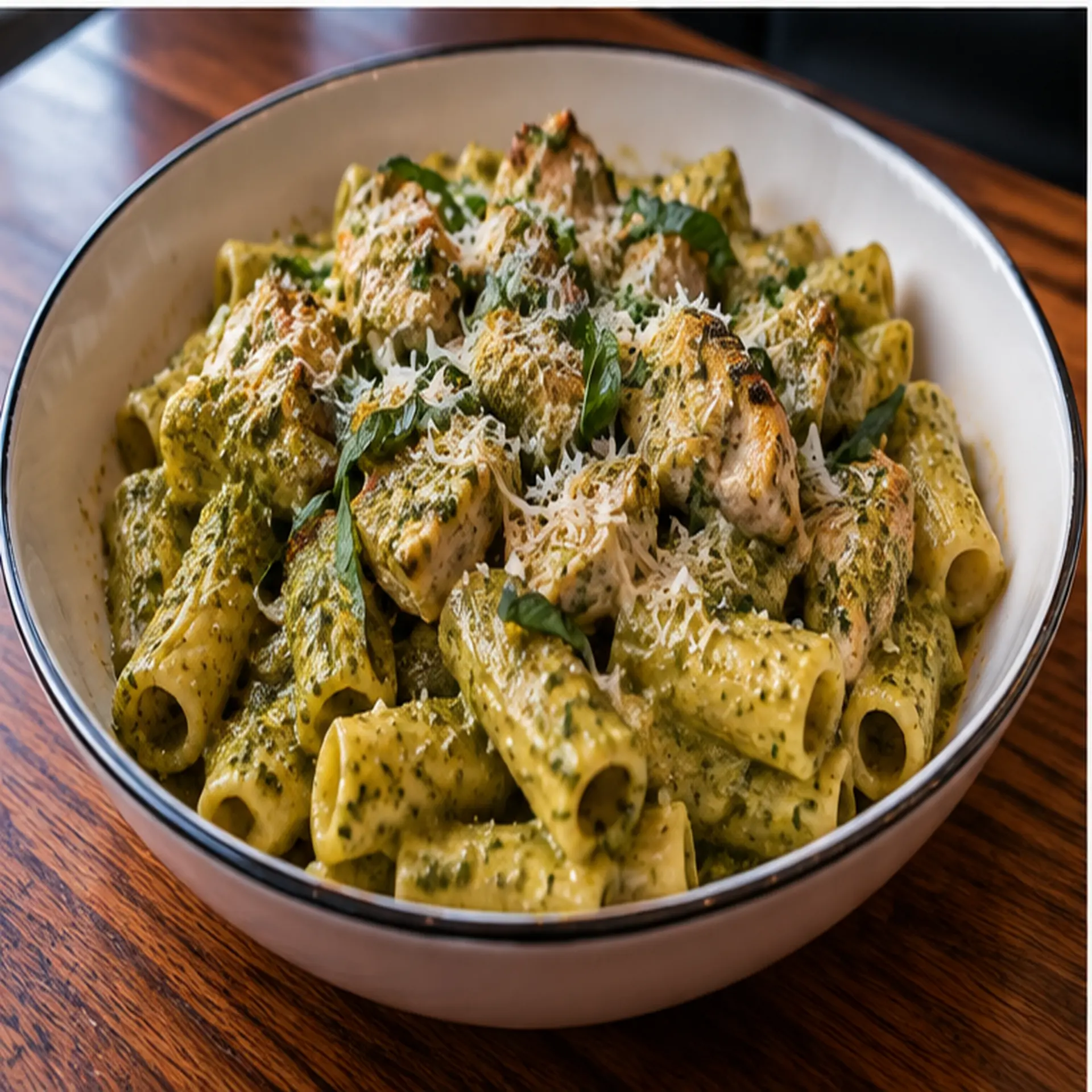 Famous Pesto Chicken Rigatoni with grilled chicken, basil pesto, fresh basil leaves and shredded Parmesan in a white bowl