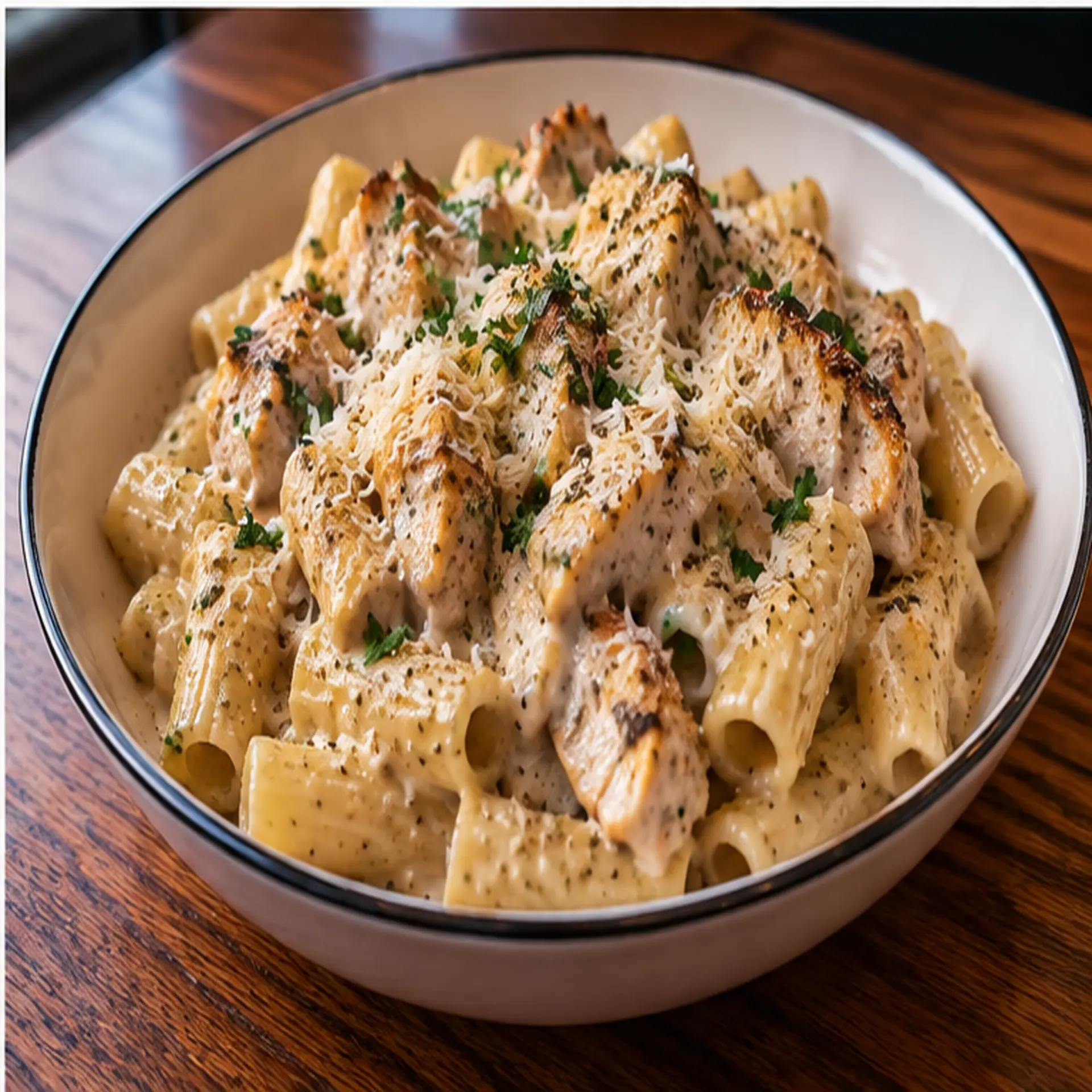 Famous Garlic Parmesan Rigatoni with grilled chicken, parsley, cracked black pepper and Parmesan in a white bowl