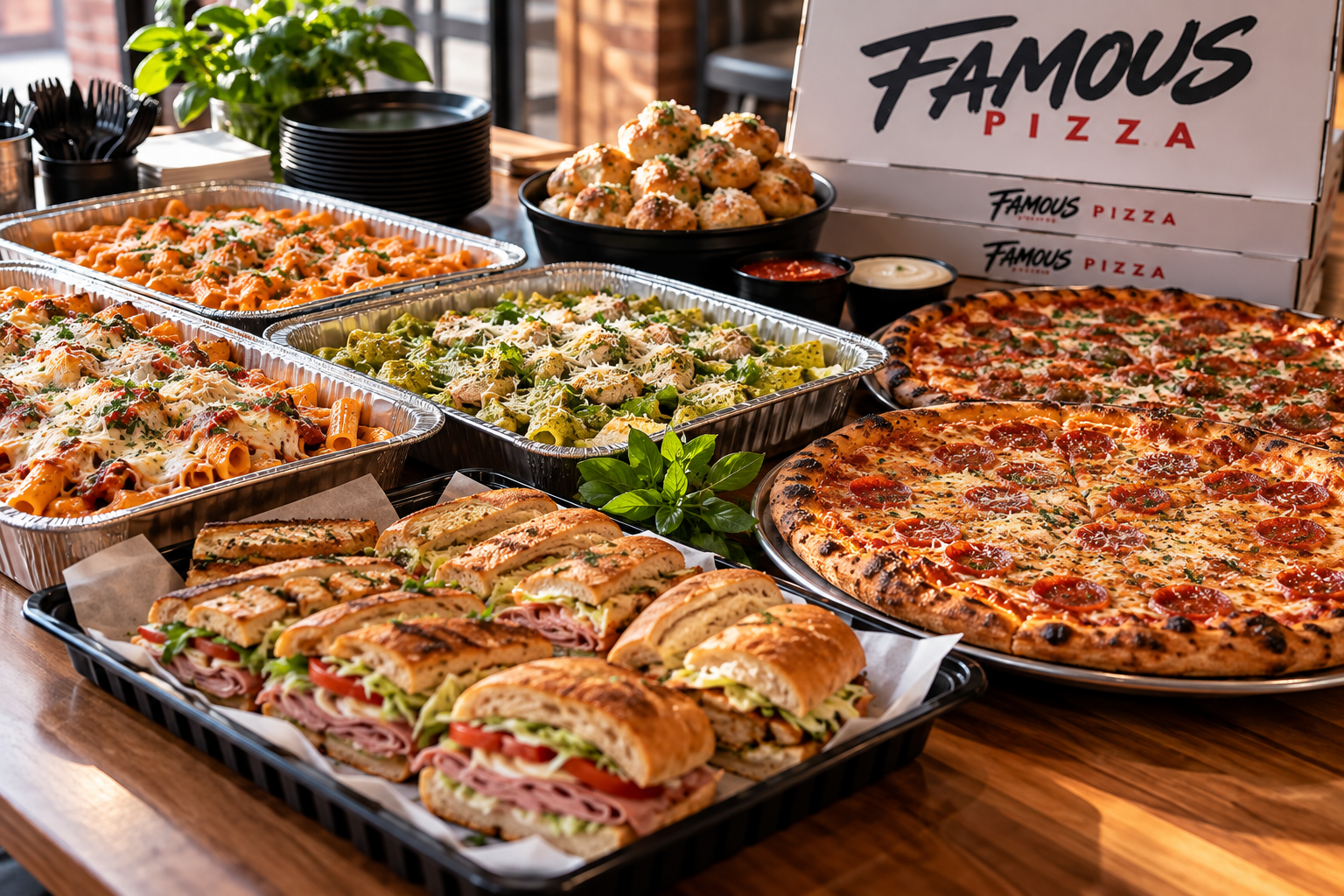 Famous Pizza catering spread with branded boxes, pizzas, pasta trays, sandwiches and salads