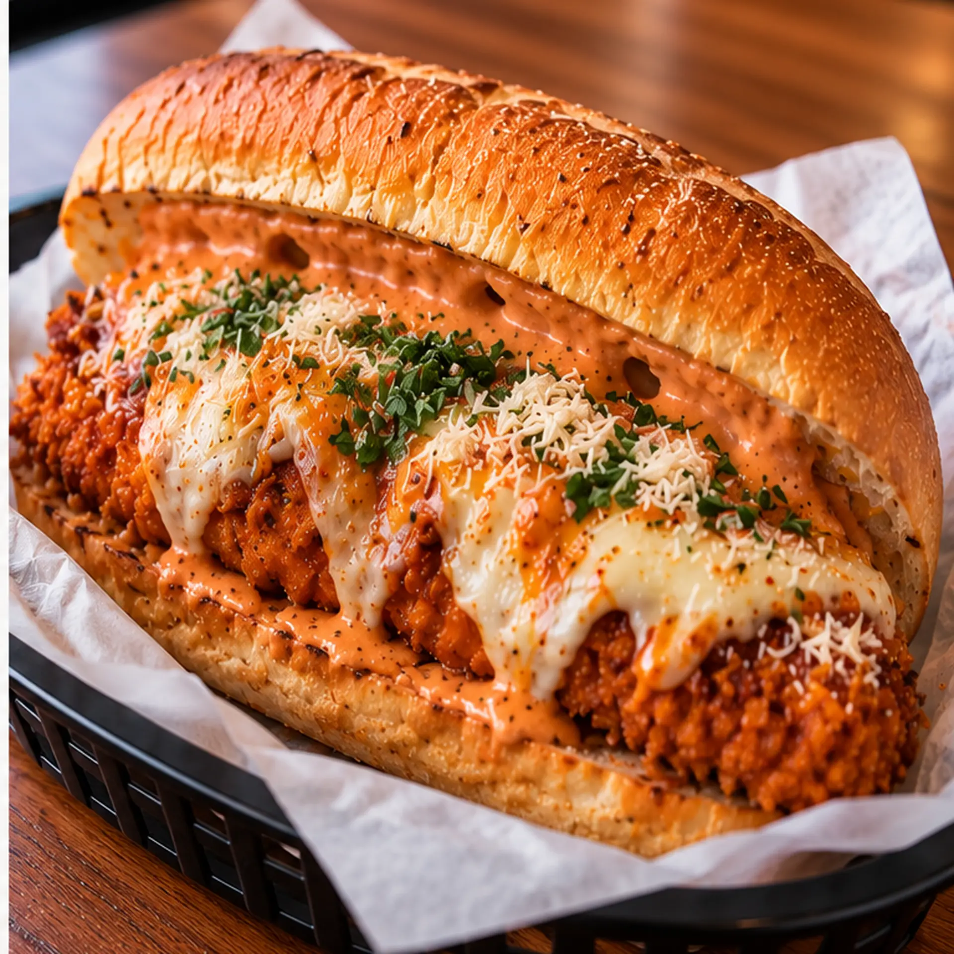 Spicy Vodka Chicken Parm sandwich on a toasted roll with crispy chicken, melted mozzarella, Parmesan and herbs in spicy vodka sauce in a deli-lined basket