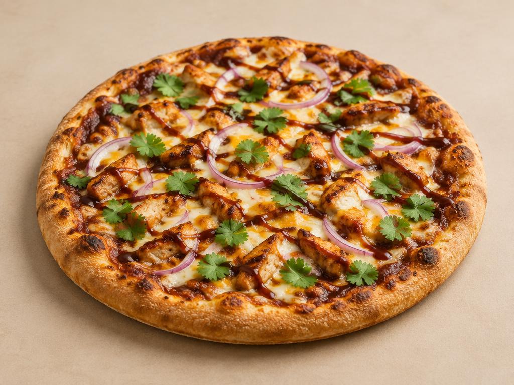 Temporary concept image of a BBQ chicken pizza with roasted chicken, red onion, cilantro and a BBQ drizzle