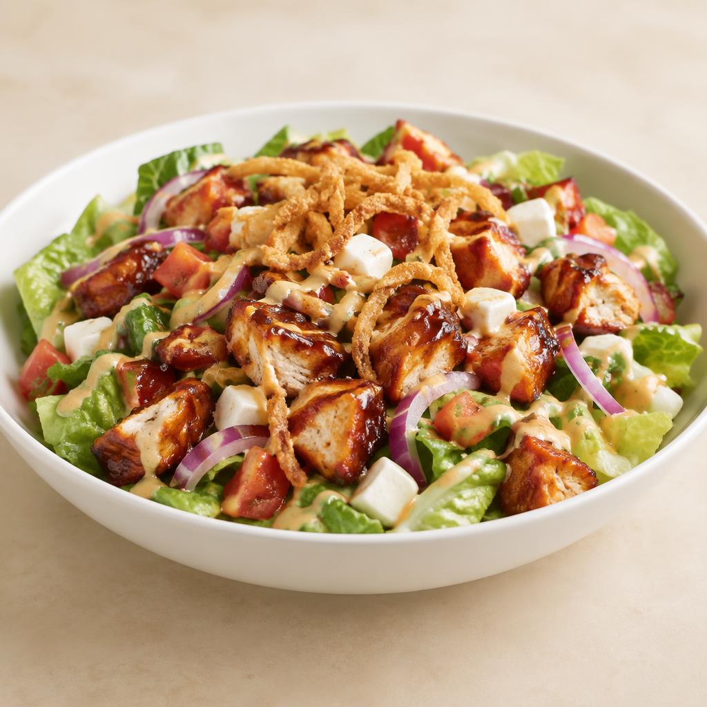 Temporary concept image of a BBQ chicken salad with roasted BBQ chicken, red onion, tomato, mozzarella and crispy onions
