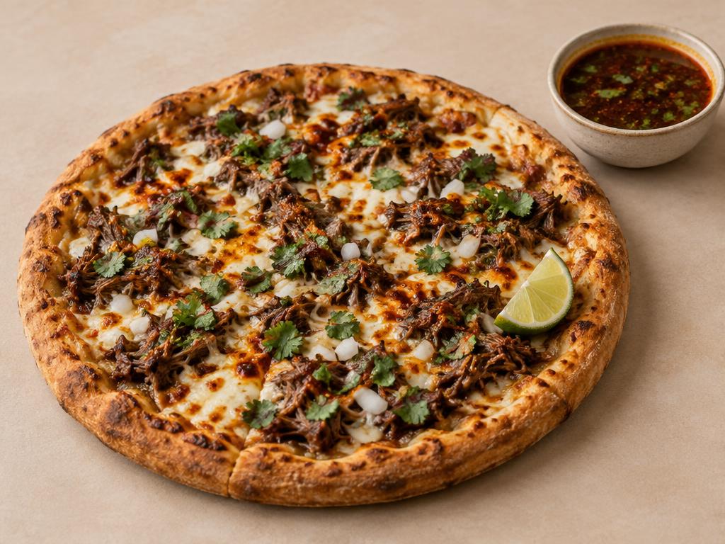 Temporary concept image of a birria pizza with shredded beef, cilantro, a lime wedge and a bowl of consommé beside it
