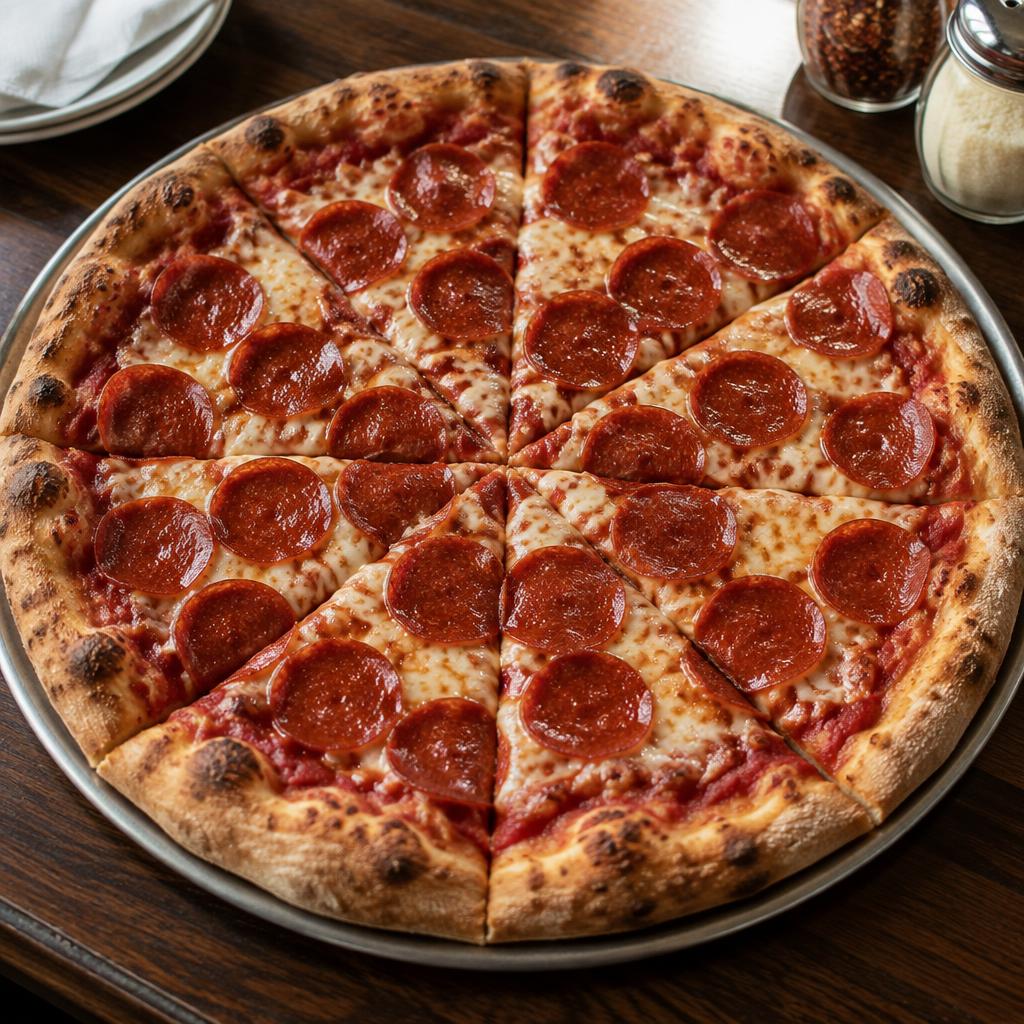 Classic Pepperoni pizza with red sauce, melted mozzarella and round pepperoni slices on a golden crust
