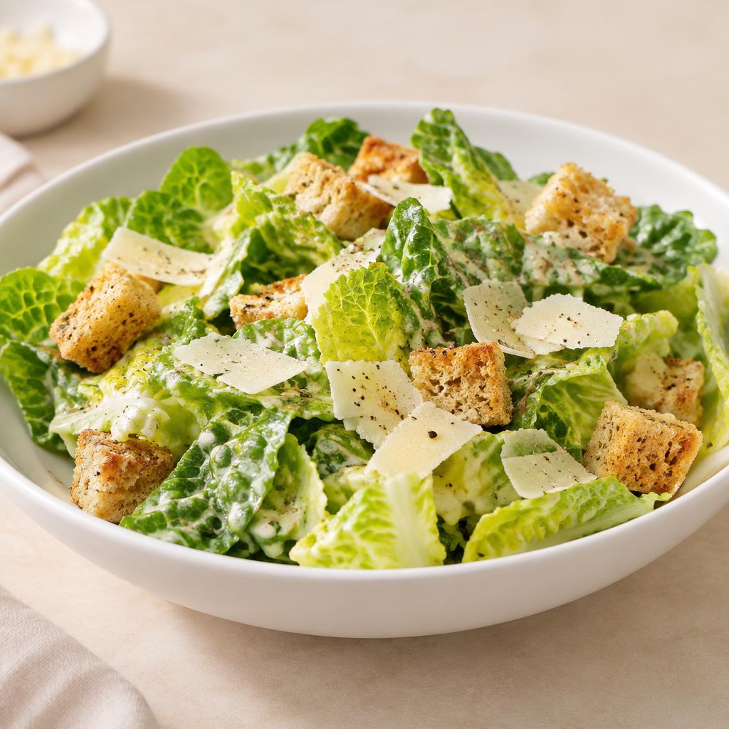 Temporary concept image of a Caesar salad with romaine, shaved Parmesan, golden croutons and creamy Caesar dressing
