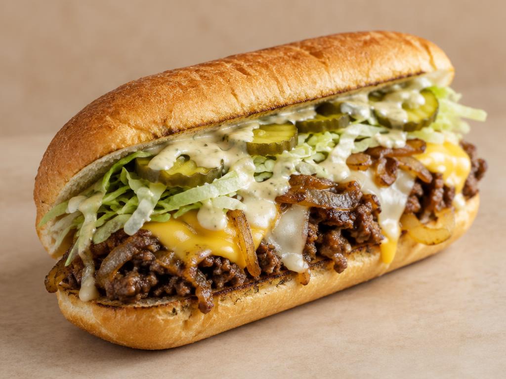 Temporary concept image of a sandwich on a toasted roll with chopped beef, caramelized onions, melted cheese, lettuce and pickles