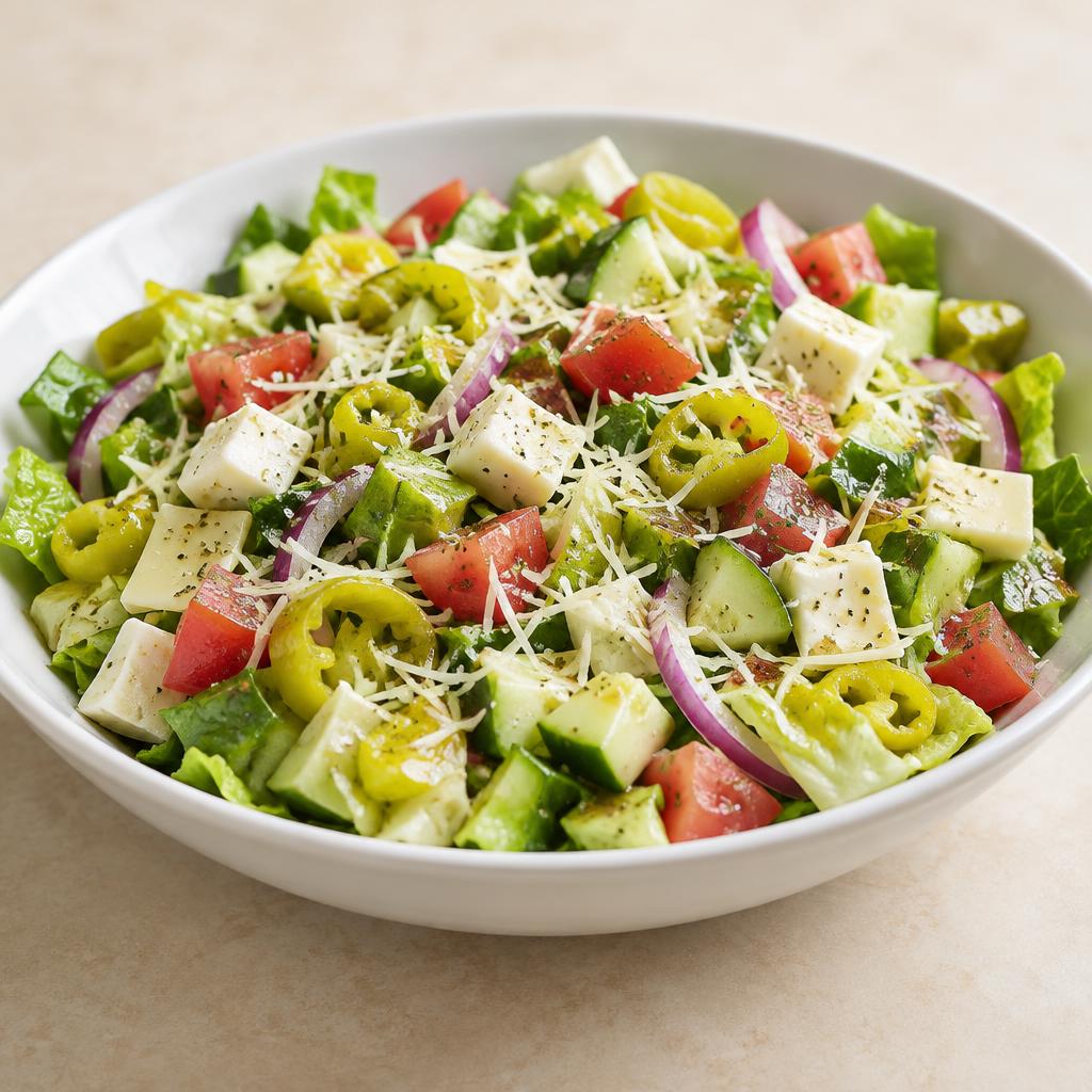 Temporary concept image of a chopped salad with romaine, tomato, cucumber, red onion, mozzarella and provolone, pepperoncini and Parmesan