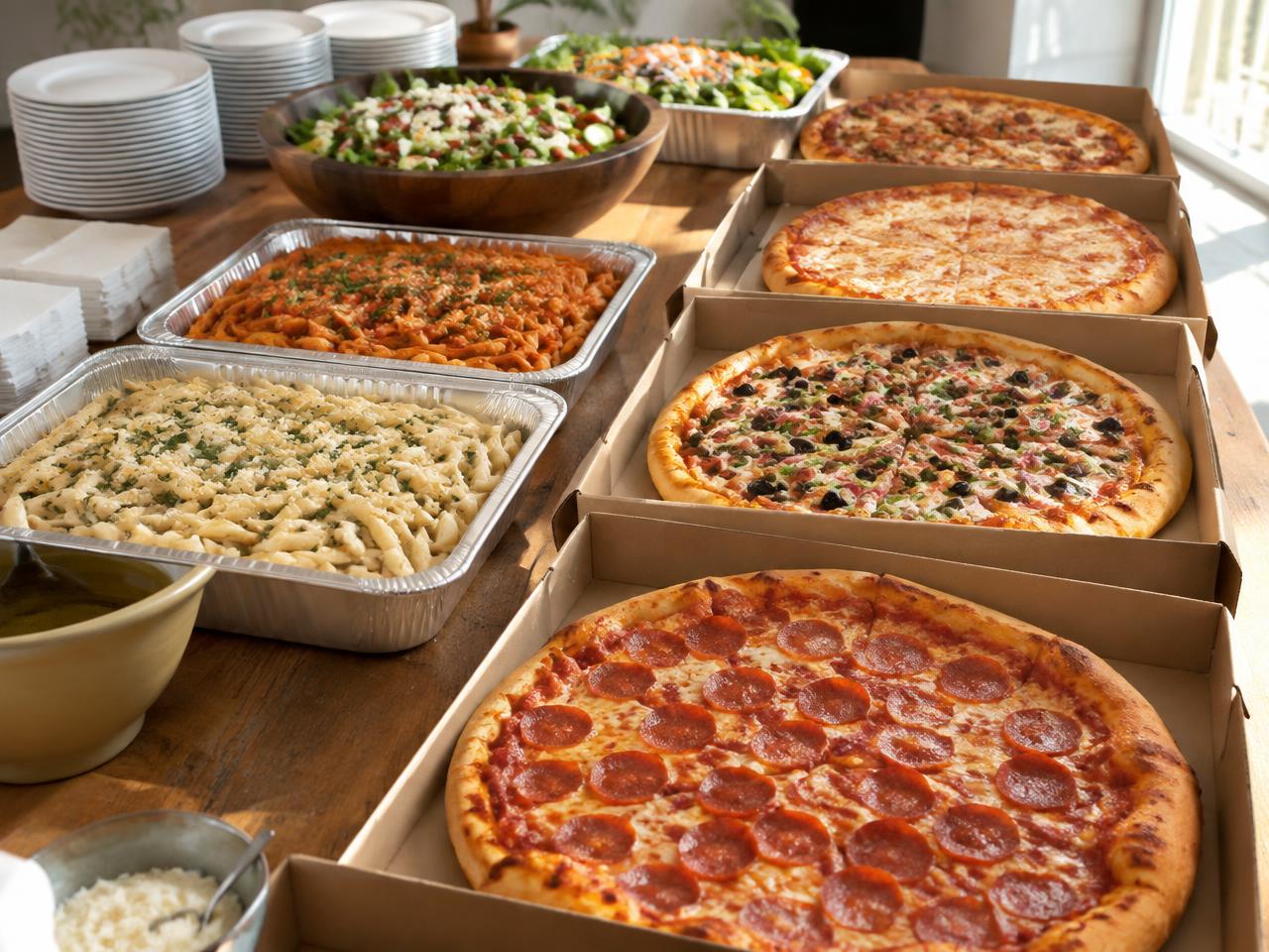 Pizza, salads and pasta arranged for a group meal concept