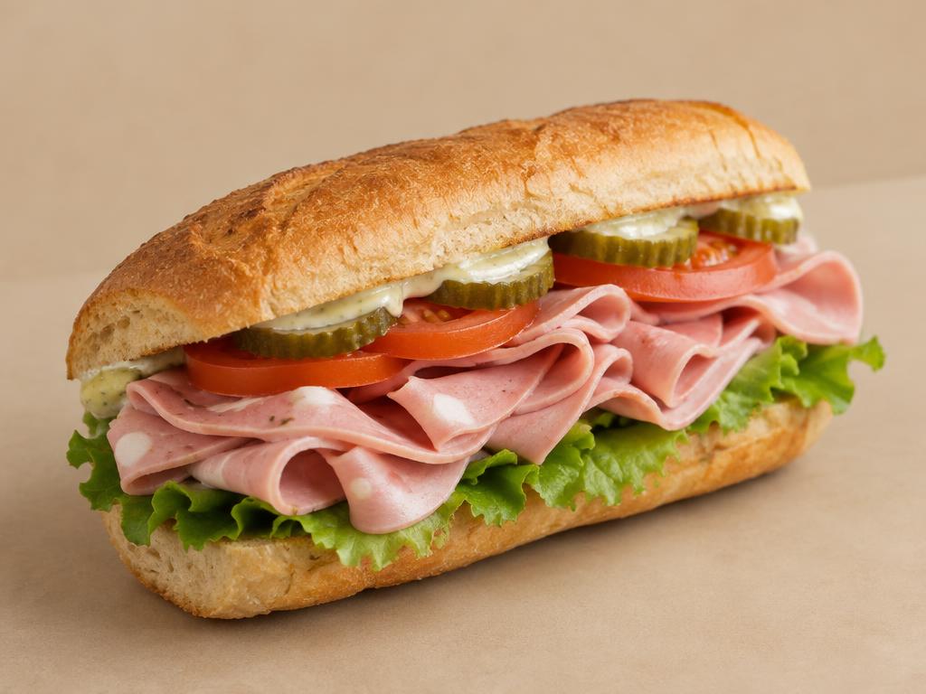 Temporary concept image of a sandwich on a toasted roll with folded beef mortadella, lettuce, tomato and pickles