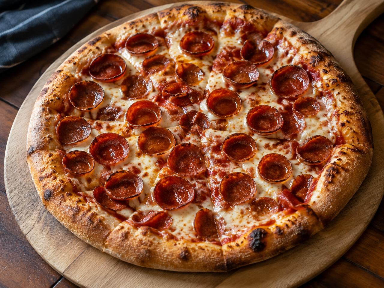 Classic Pepperoni pizza with red sauce, melted mozzarella and round pepperoni slices on a golden crust