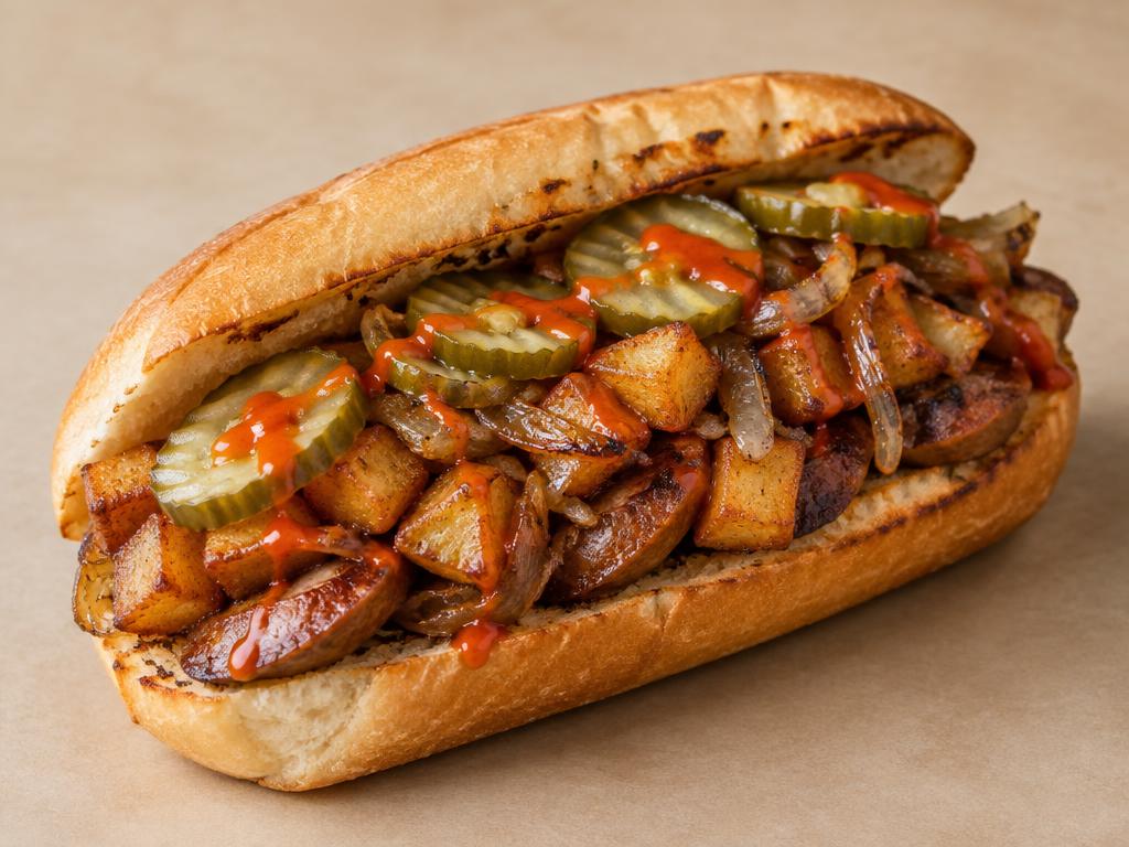 Temporary concept image of a sandwich on a toasted roll with sliced beef sausage, crispy potatoes, onions, pickles and red Fire Sauce
