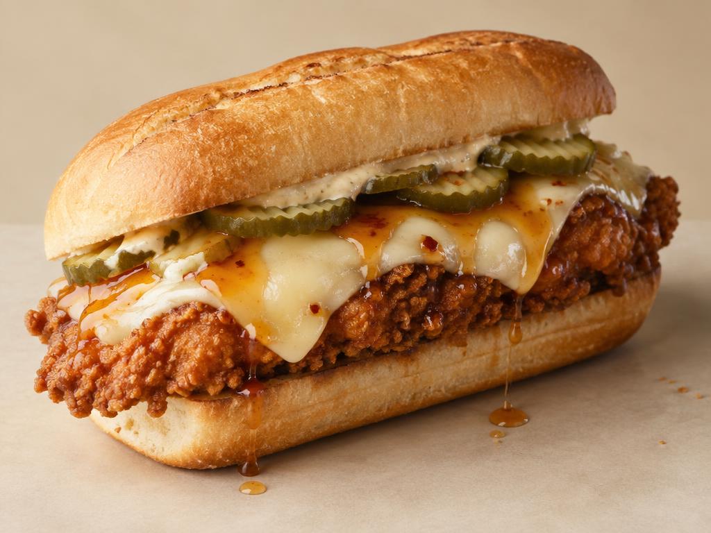 Temporary concept image of a sandwich on a toasted roll with crispy chicken, melted provolone, pickles and hot honey