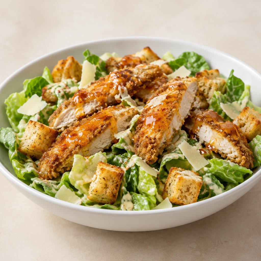 Temporary concept image of a crispy chicken Caesar salad with Parmesan, croutons, creamy Caesar and a hot honey drizzle