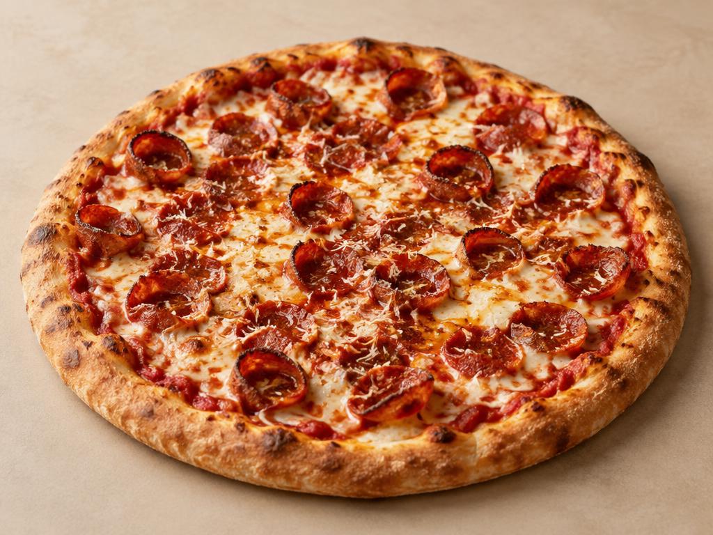Temporary concept image of a pepperoni pizza with cup-and-char pepperoni, melted mozzarella, Parmesan and a glossy hot honey finish