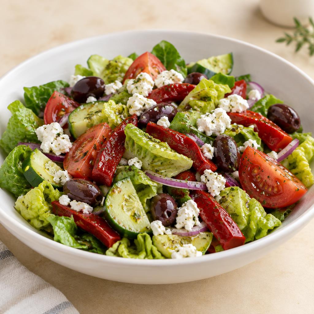 Temporary concept image of a Mediterranean salad with romaine, cucumber, tomato, Kalamata olives, roasted red peppers and feta