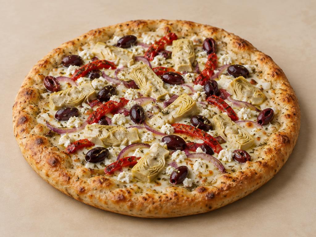 Temporary concept image of a Mediterranean pizza with feta, artichoke hearts, roasted red peppers, Kalamata olives and red onion