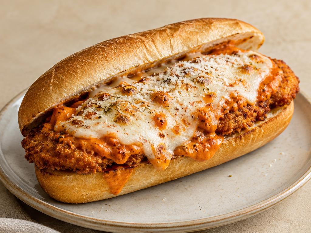 Temporary concept image of a sandwich on a toasted roll with crispy chicken, mozzarella and Parmesan in spicy vodka sauce