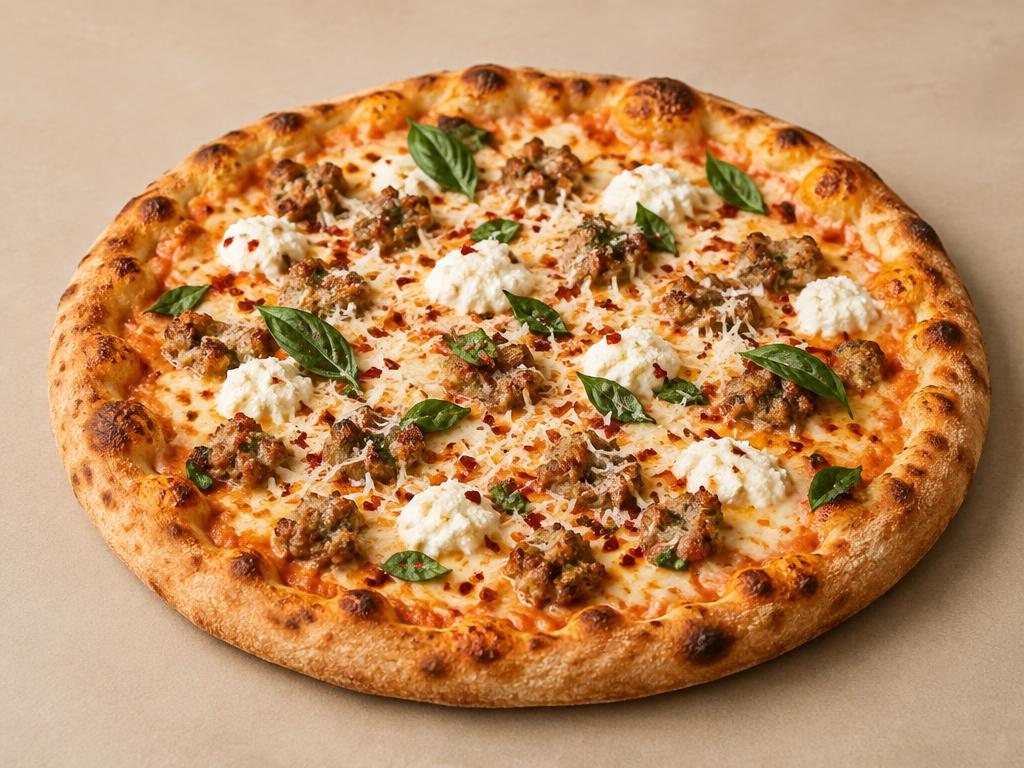 Temporary concept image of a spicy vodka pizza with sausage crumbles, ricotta dollops, chili flakes and fresh basil